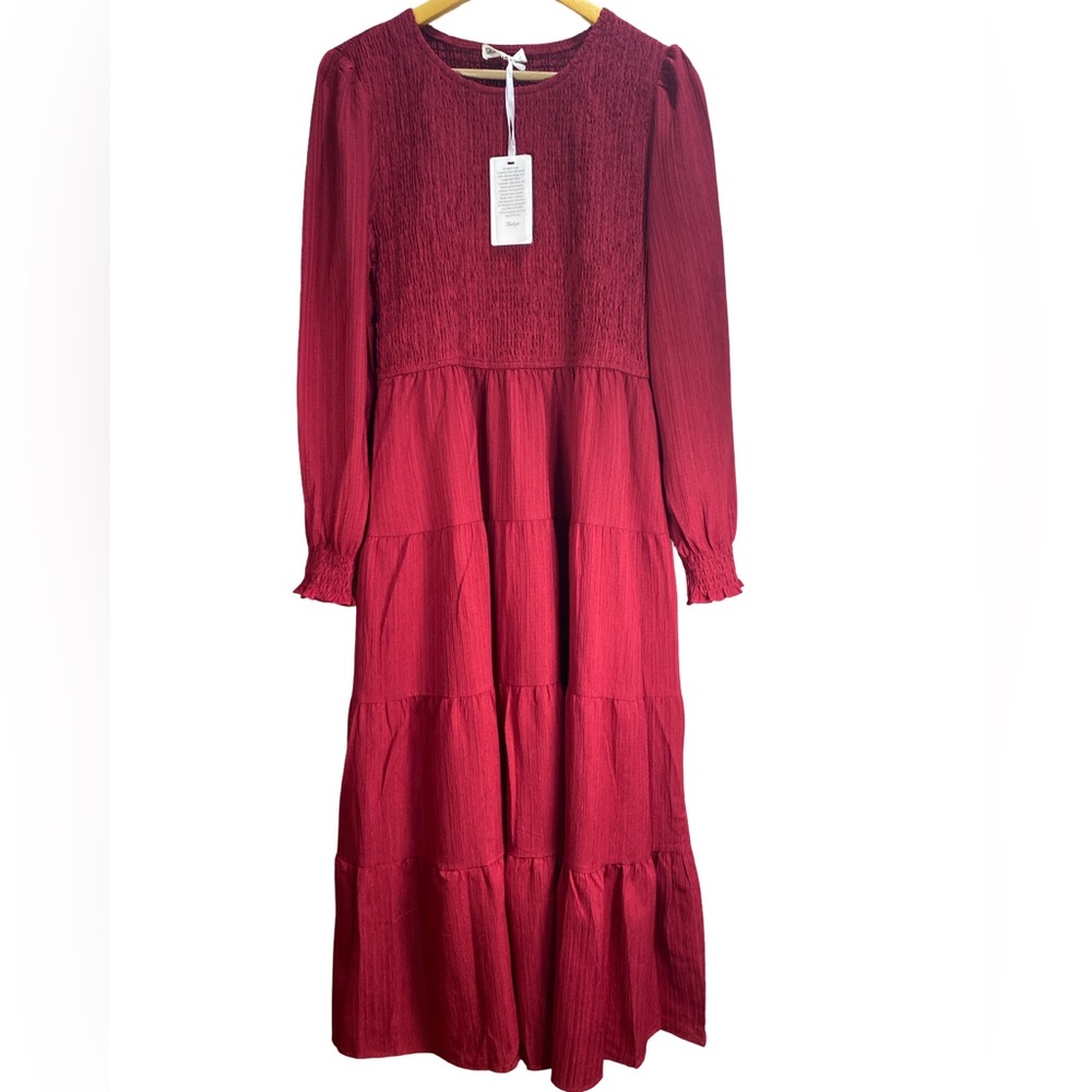 Grace‎ Karin Maxi Dress Large Dark Red Ruched Smocked Long Sleeve Tiered NWT